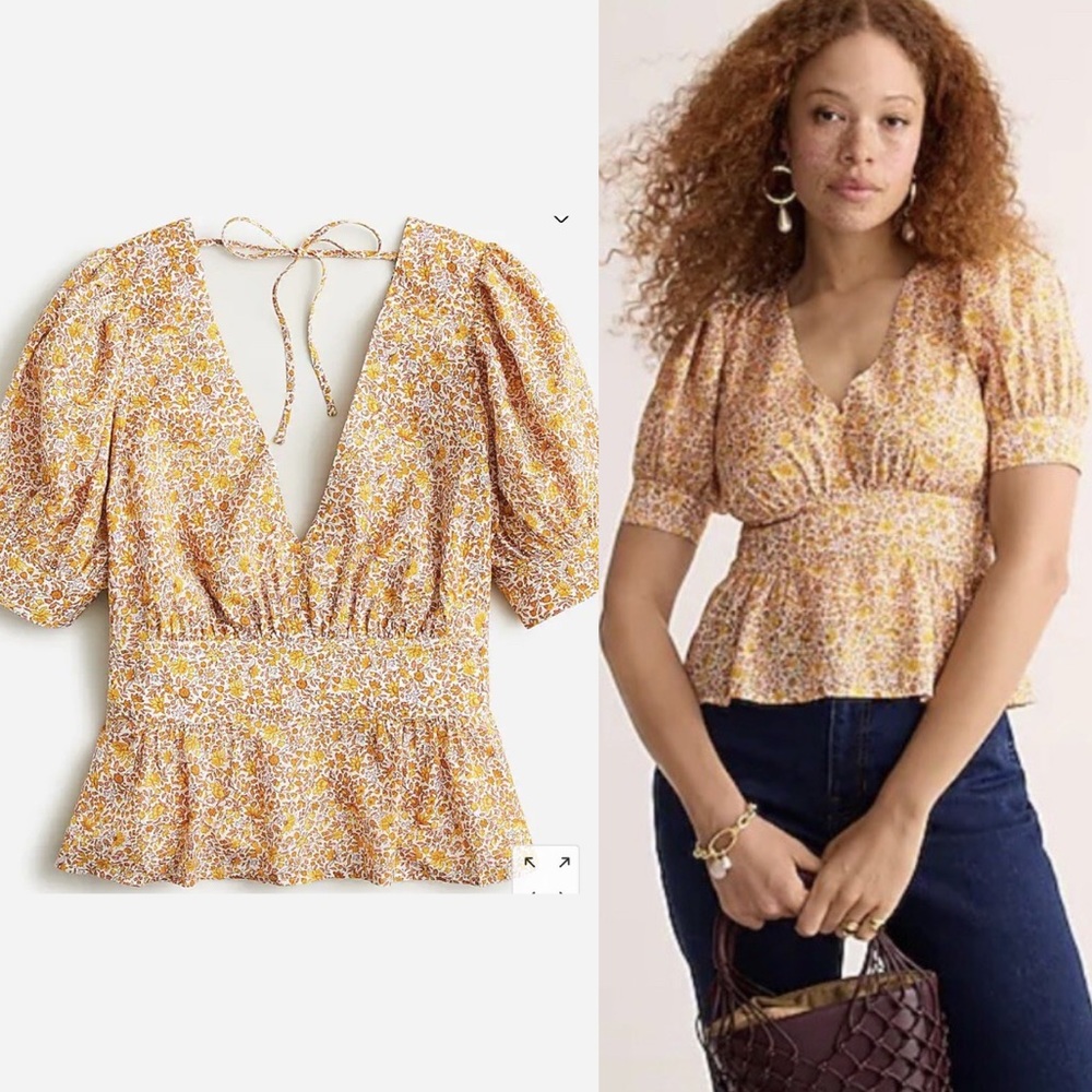 NWT J CREW floral autumn patterned v neck puff sleeve peplum top size 18